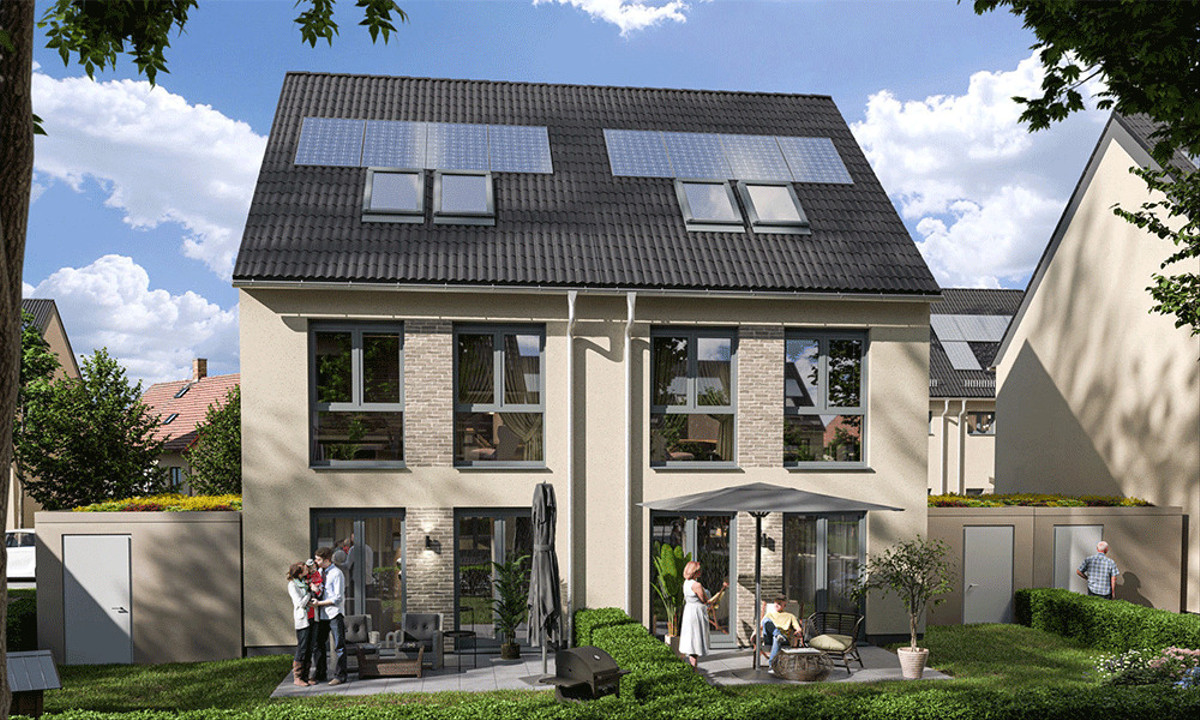 Die Gartenansicht der Doppelhäuser im Petersbogen