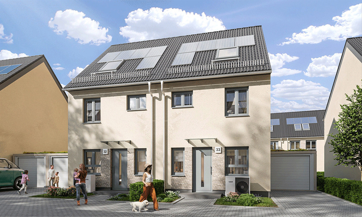 Moderne Doppelhäuser mit Solarpanels. Ideal für Familien im familienfreundlichen Wohnquartier