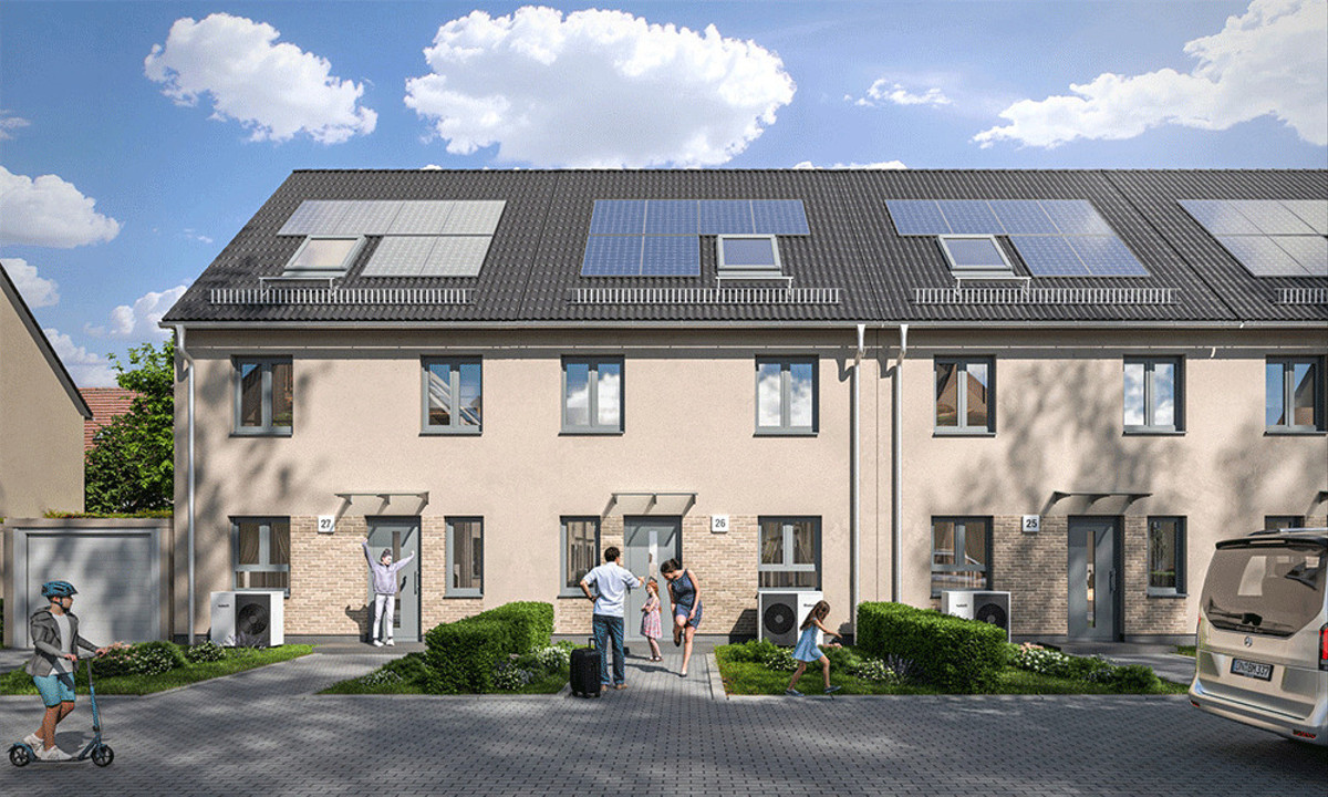 Straßenansicht unserer familienfreundlichen Reihenhäuser mit Solarpanels