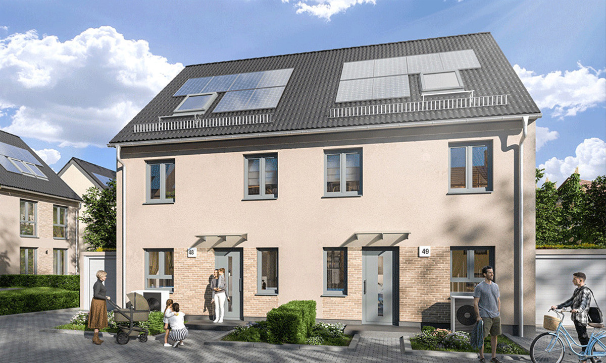 Straßenansicht eines der Doppelhäuser im Petersbogen
