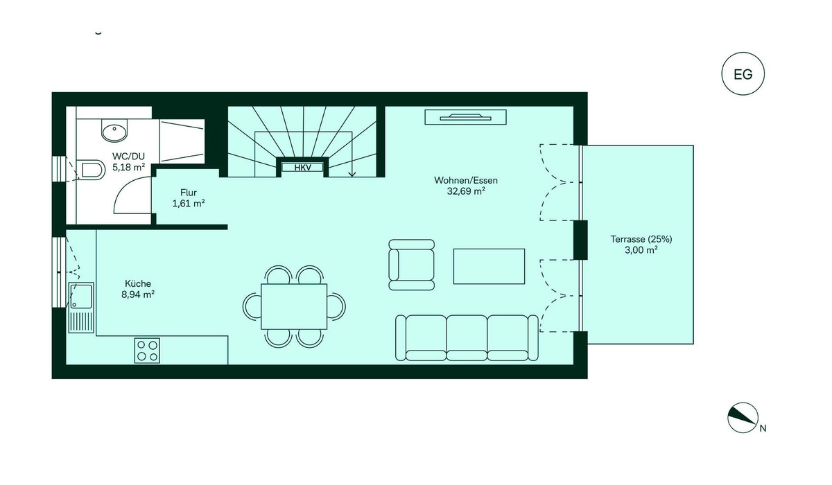 Offener Wohnbereich mit direktem Zugang zur Terrasse – hier spielt das Leben
