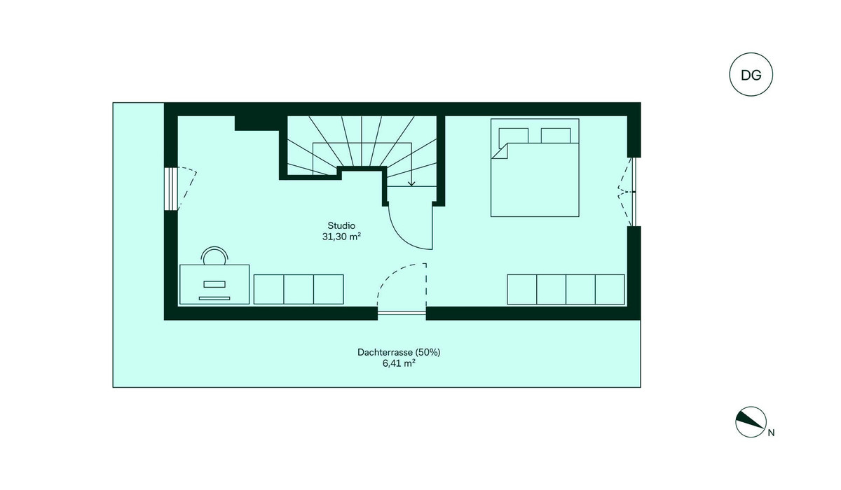 Das Studio bietet viel Raum zur Entfaltung und einen direkten Zugang zur Dachterrasse