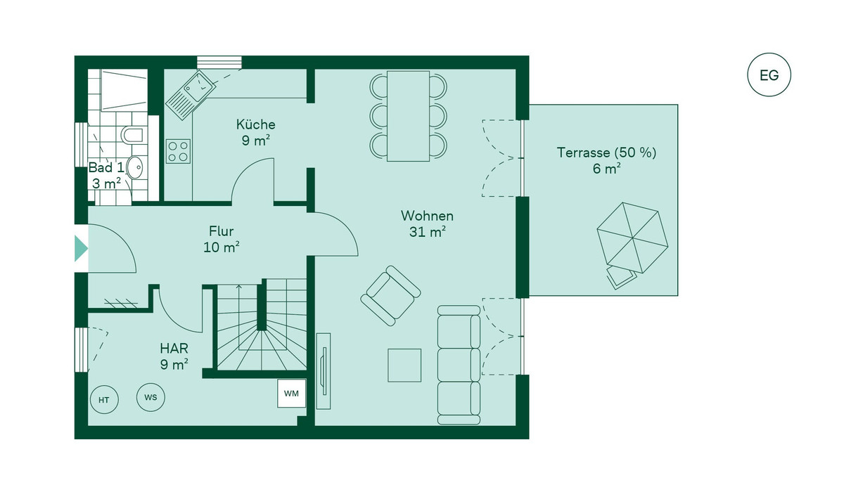 Grundriss des Erdgeschosses im Einfamilienhaus