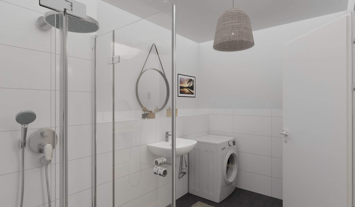 Modern gefliestes Badezimmer mit bodengleicher Dusche