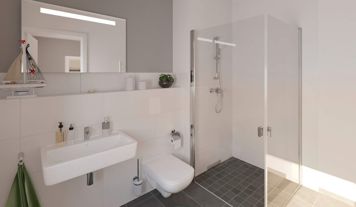 Modern gefliestes Bad mit bodengleicher Dusche
