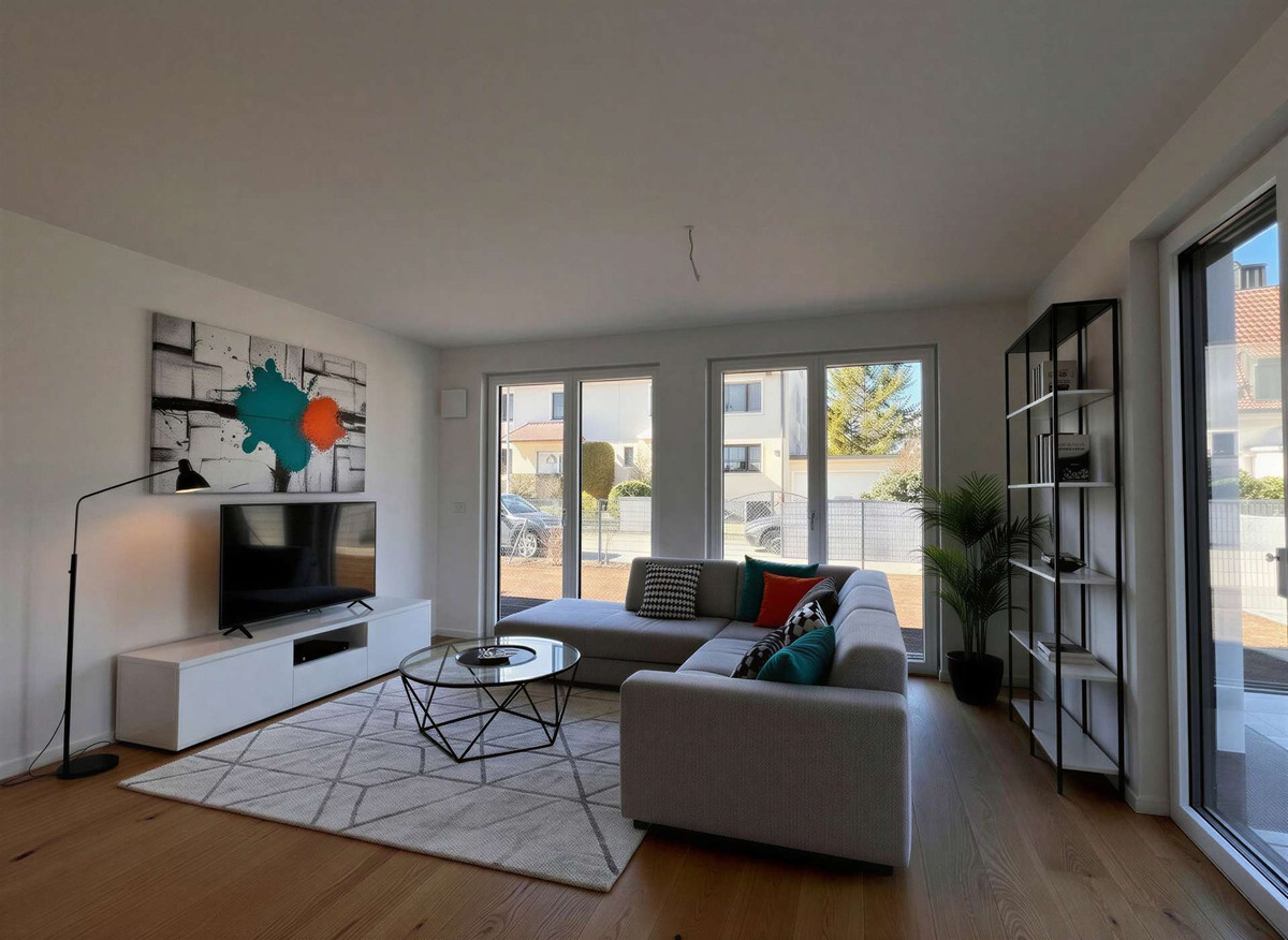 Wohnzimmer Gartenwohnung A01 - (KI generiert) - Möbel u. Dekoration sind nicht Bestandteil der Ausstattung 