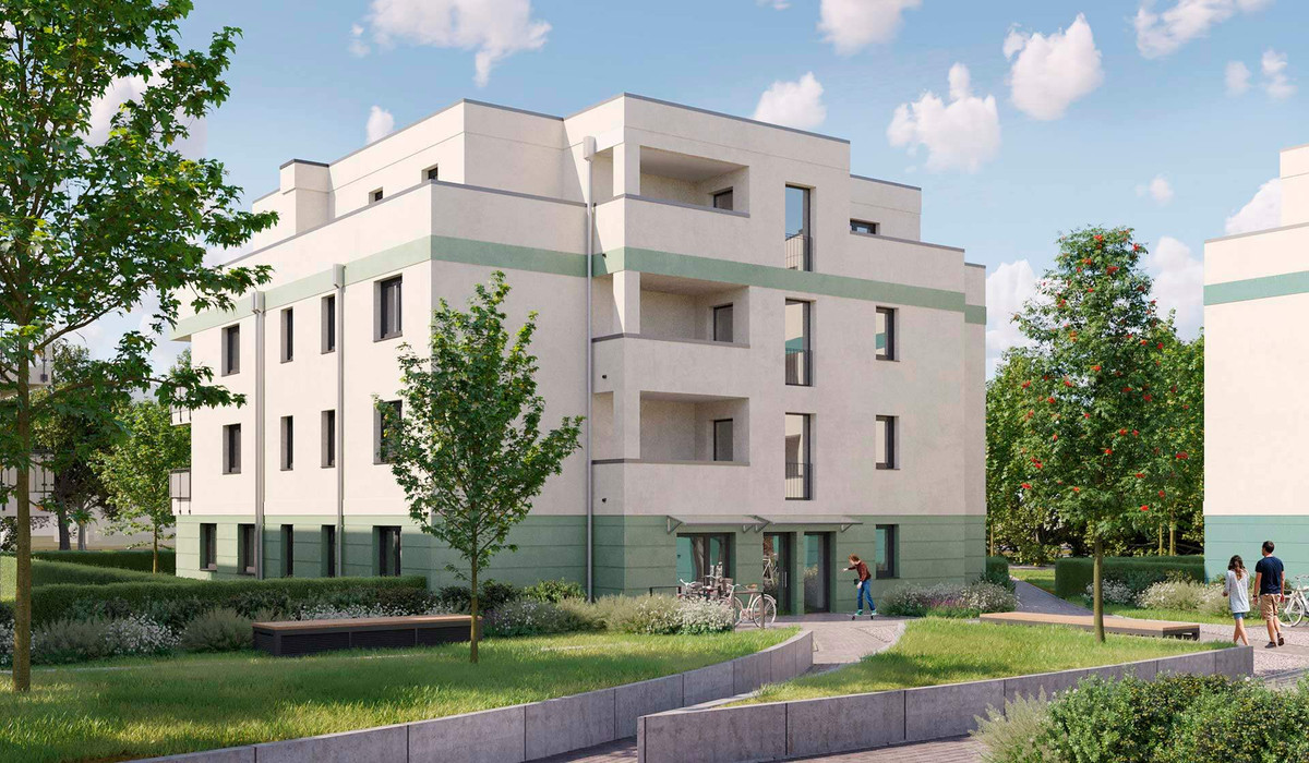 Die Eingangsseite Haus 1 im Neubauquartier Stadthäuser am Park in Schönefeld