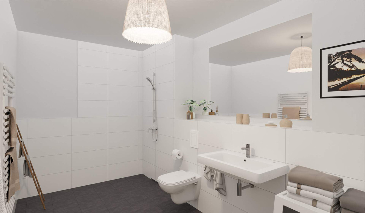 Modern gefliestes Badezimmer mit bodengleicher Dusche