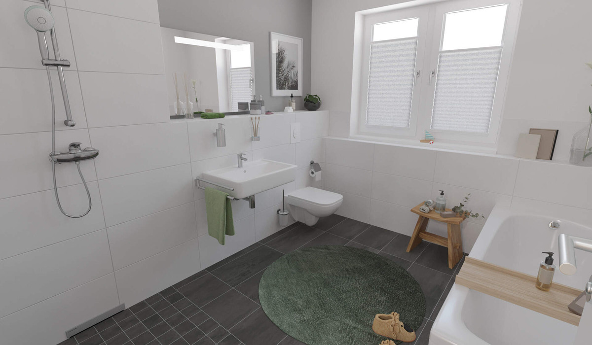 Tageslichtbad mit Badewanne und bodengleicher Dusche