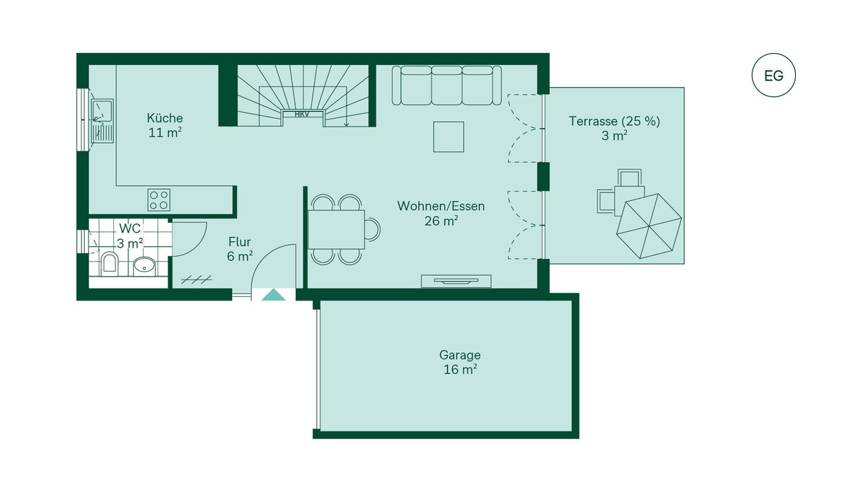 Geräumiges Erdgeschoss mit offenem Wohn- und Küchenbereich