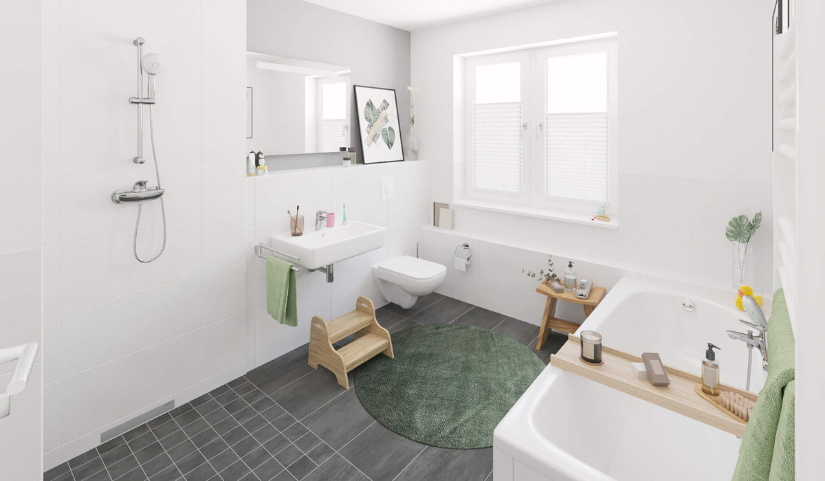 Modernes Tageslichtbad mit bodengleicher Dusche und Badewanne