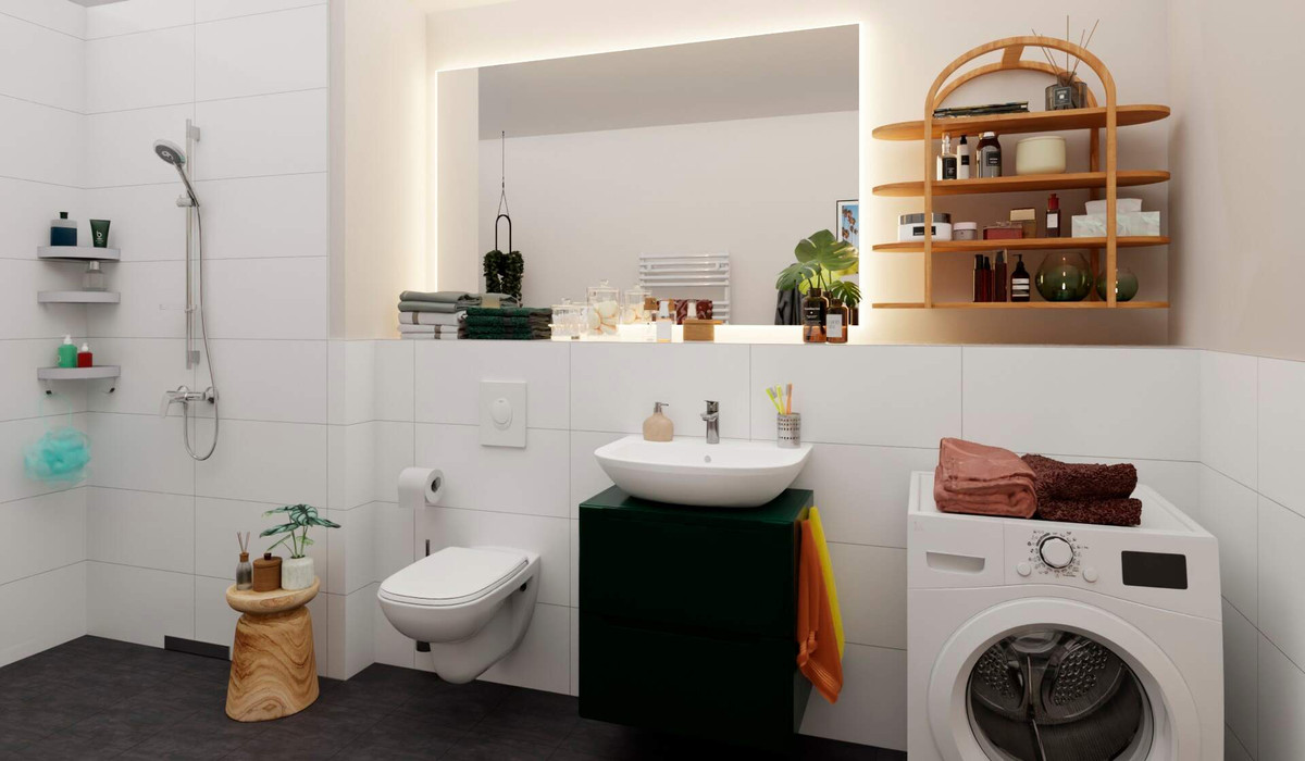 Visualisierung des Badezimmers mit Waschmaschine und bodengleicher Dusche