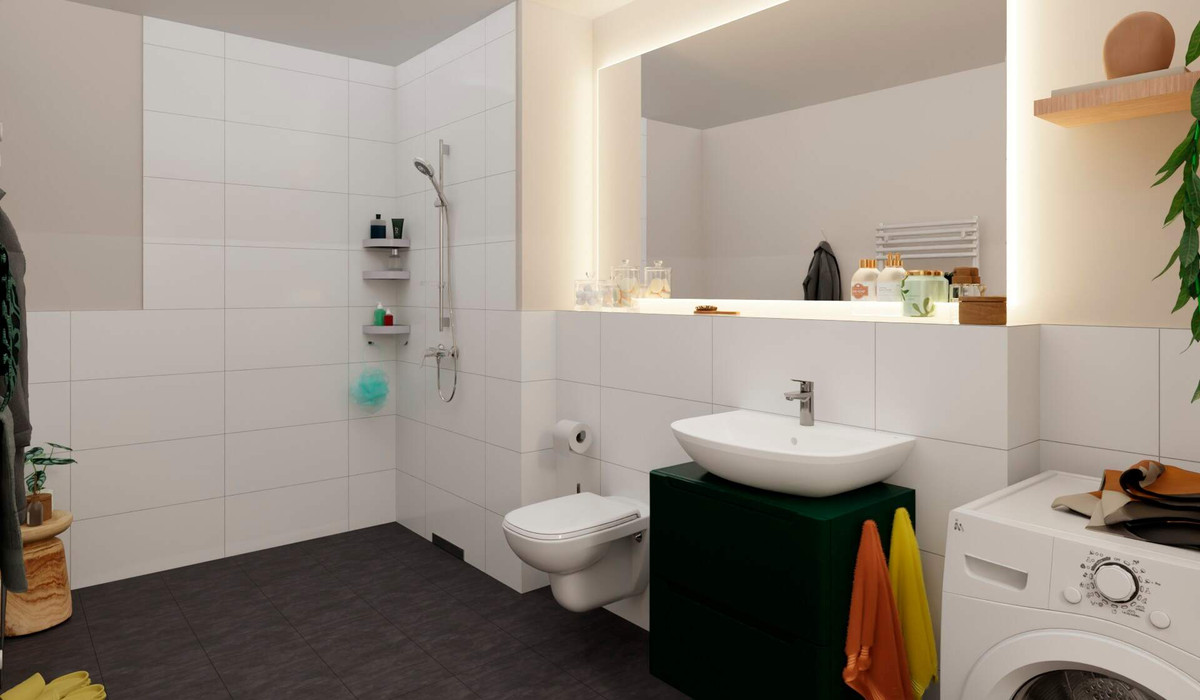Modernes Bad mit bodengleicher Dusche und praktischem Waschmaschinenanschluss