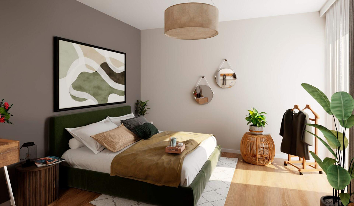 Schlafzimmer mit bodentiefem Fenster 