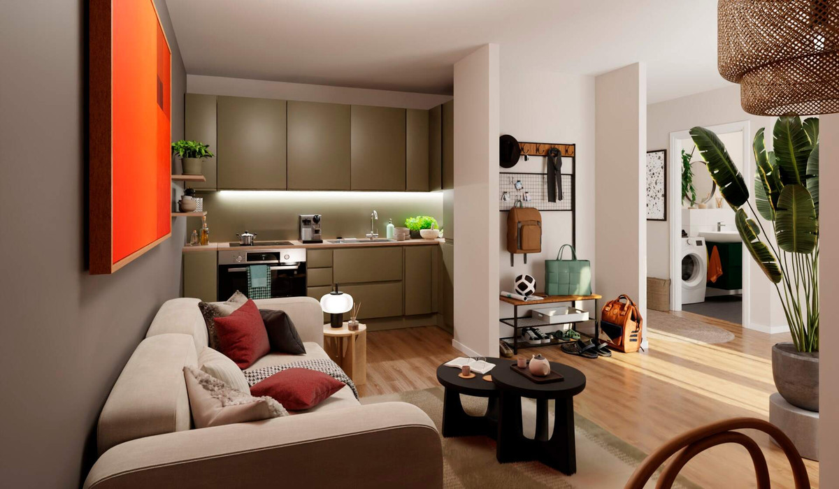 Wohnzimmer mit Blick in die moderne Küche 