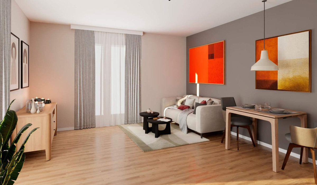 Helles Wohnzimmer mit Zugang zur Dachterrasse