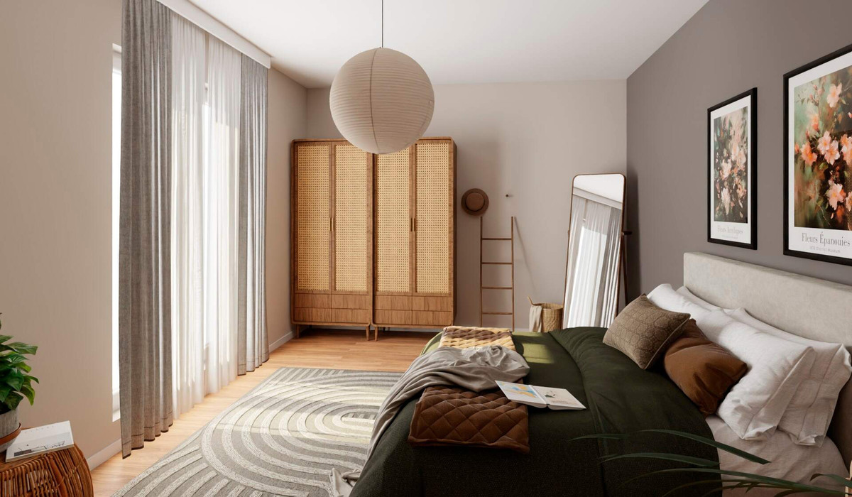 Schlafzimmer mit bodentiefen Fenstern und Zugang zur Dachterrasse 