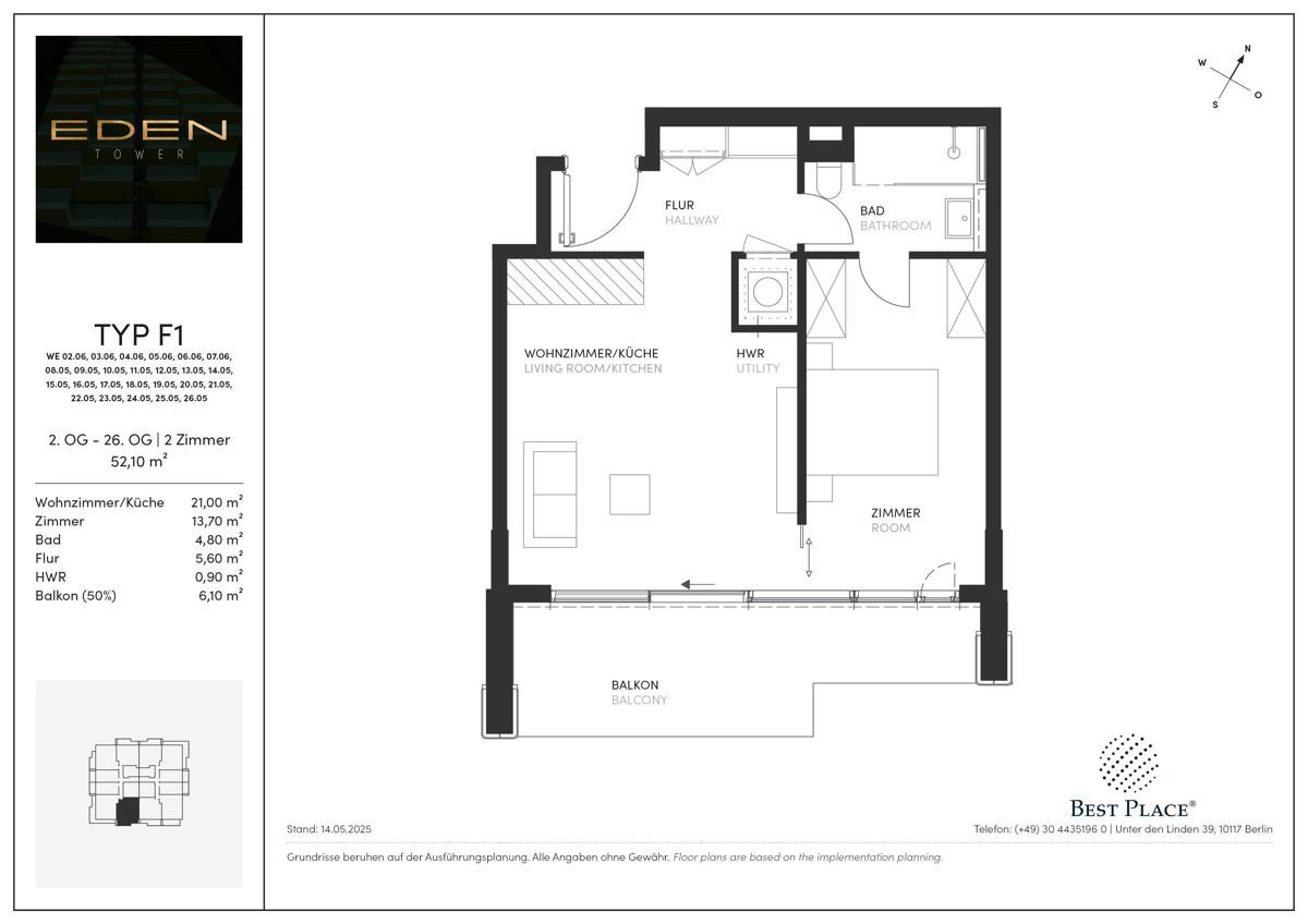 Vertriebsgrundrisse Eden Tower-Typ F1