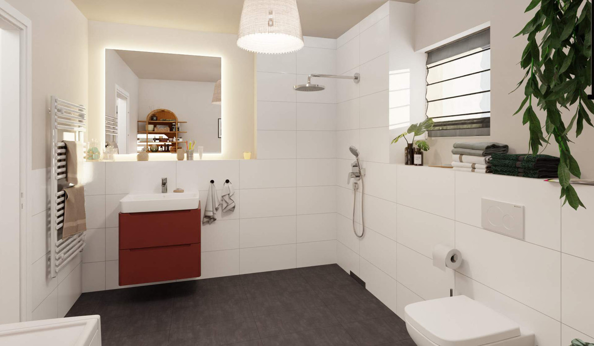 Komfortables Tageslichtbad mit bodengleicher Dusche
