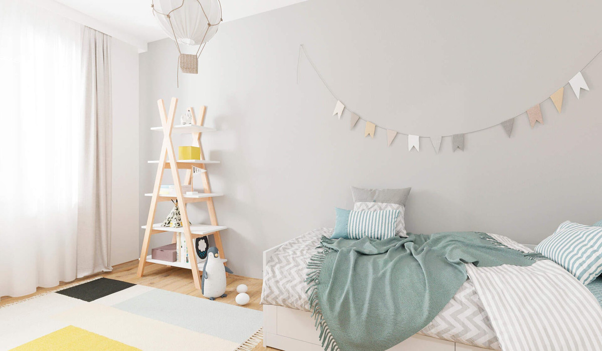 Ein hell erleuchtetes Kinderzimmer zum Spielen und Toben