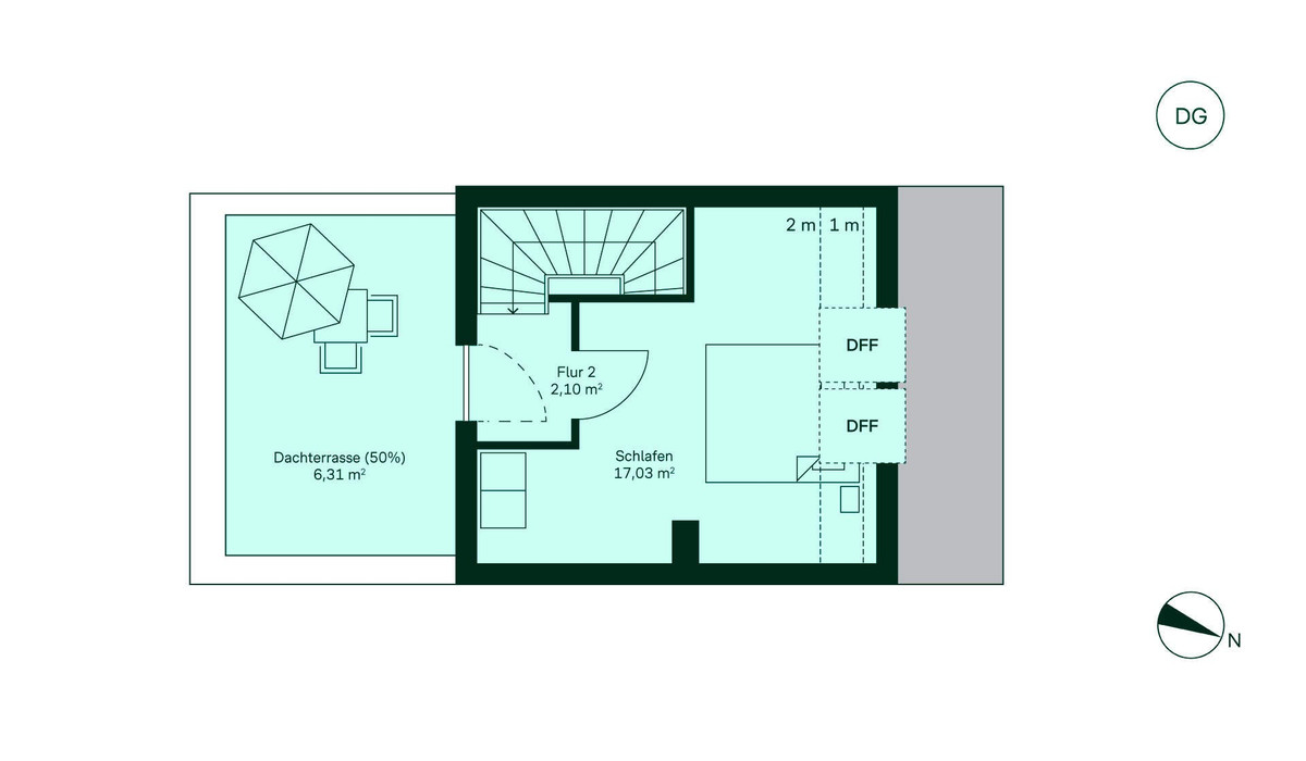 Großzügiges Schlafzimmer mit angrenzender Dachterrasse