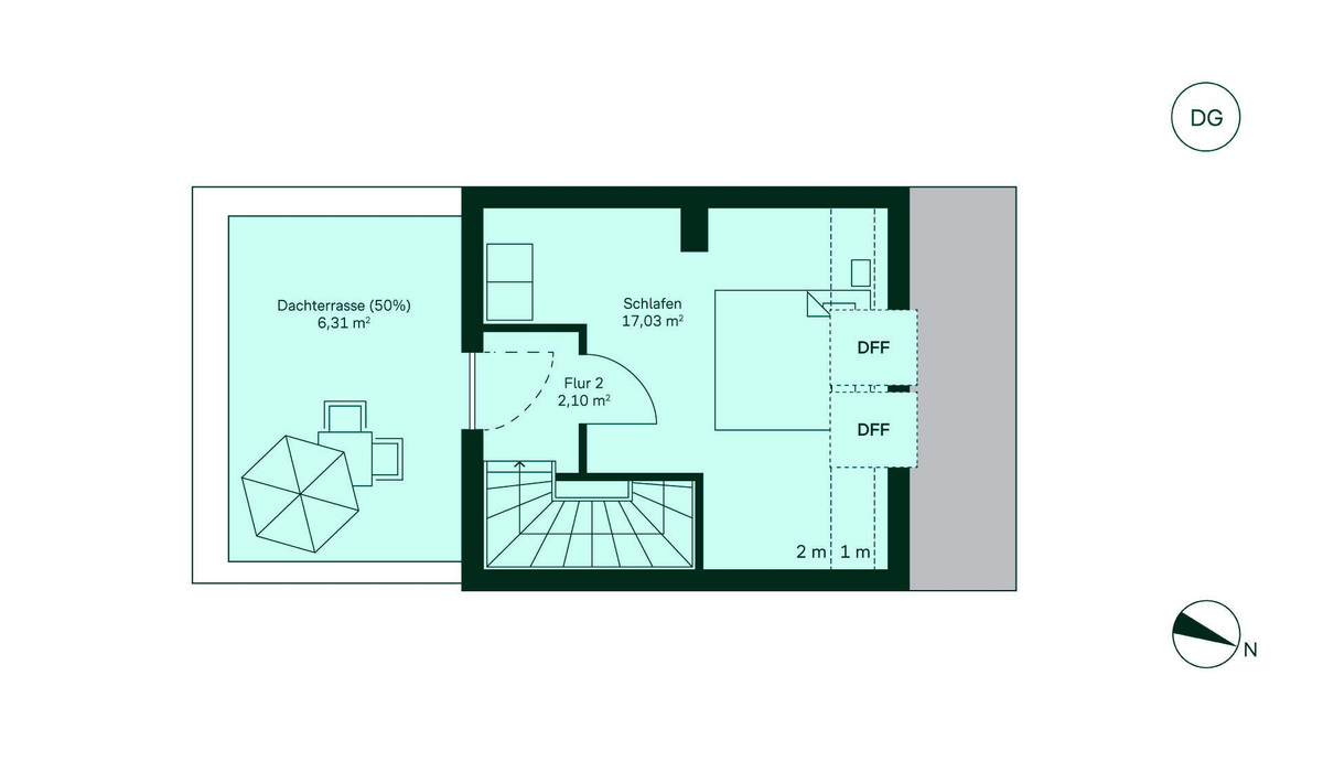 Großzügiges Schlafzimmer mit angrenzender Dachterrasse