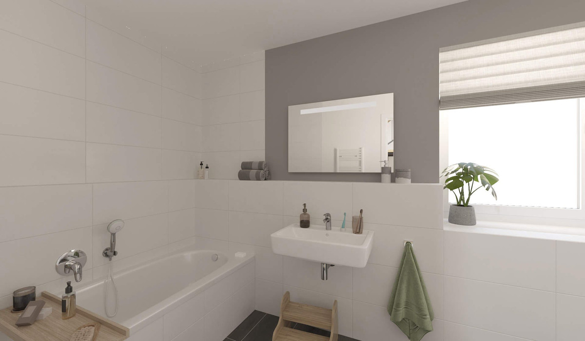 Modern gefliestes Badezimmer mit Badewanne