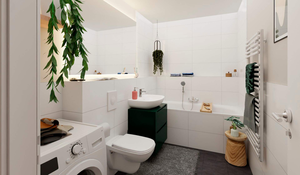 Badezimmer mit Badewanne und Waschmaschinenanschluss