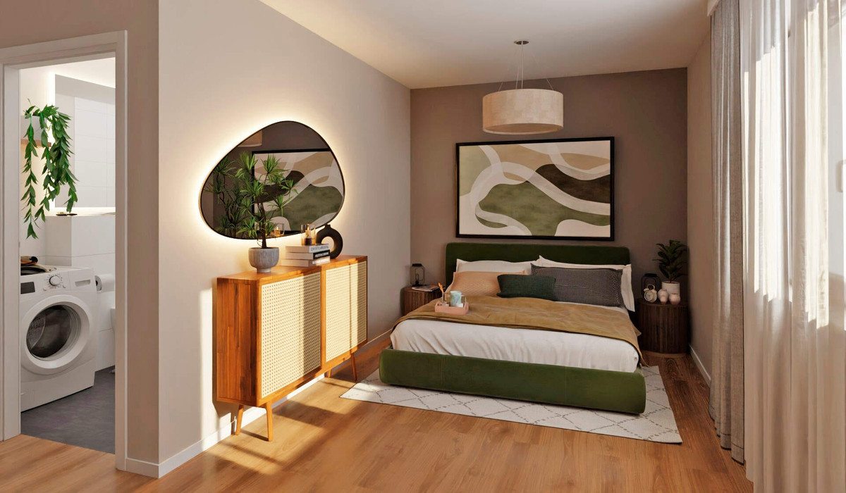Helles Schlafzimmer mit eigenem Badezimmer