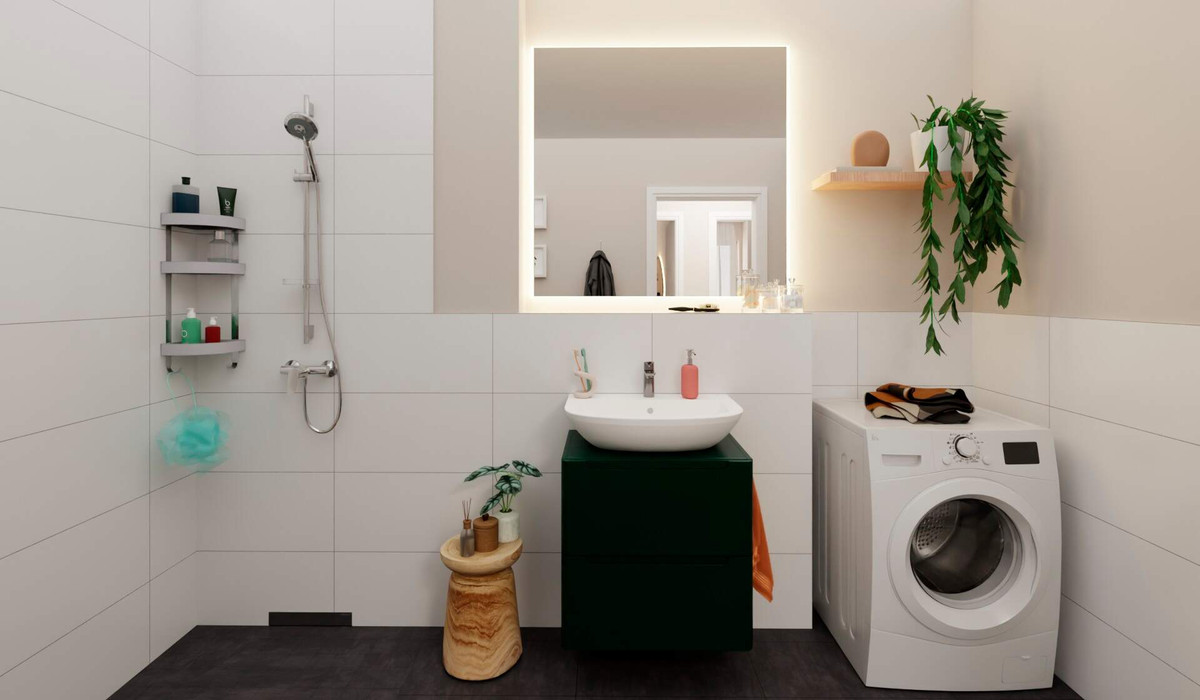 Badezimmer mit Dusche und Waschmaschinenanschluss