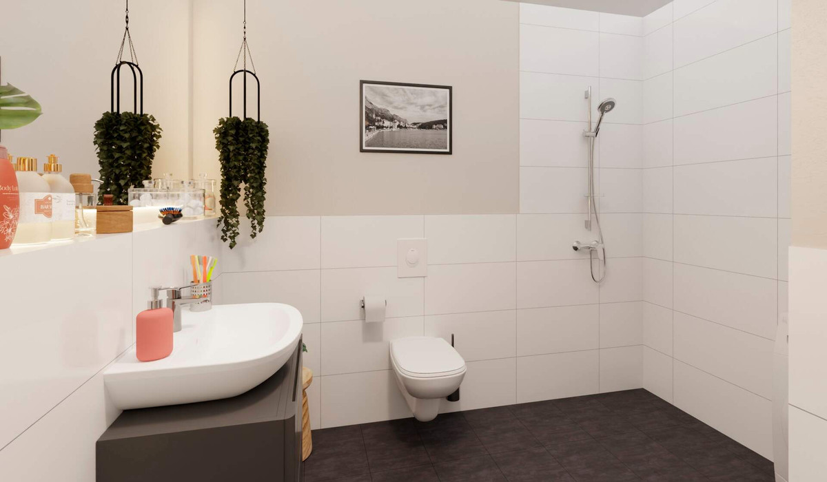 Badezimmer mit Dusche und Waschmaschinenanschluss