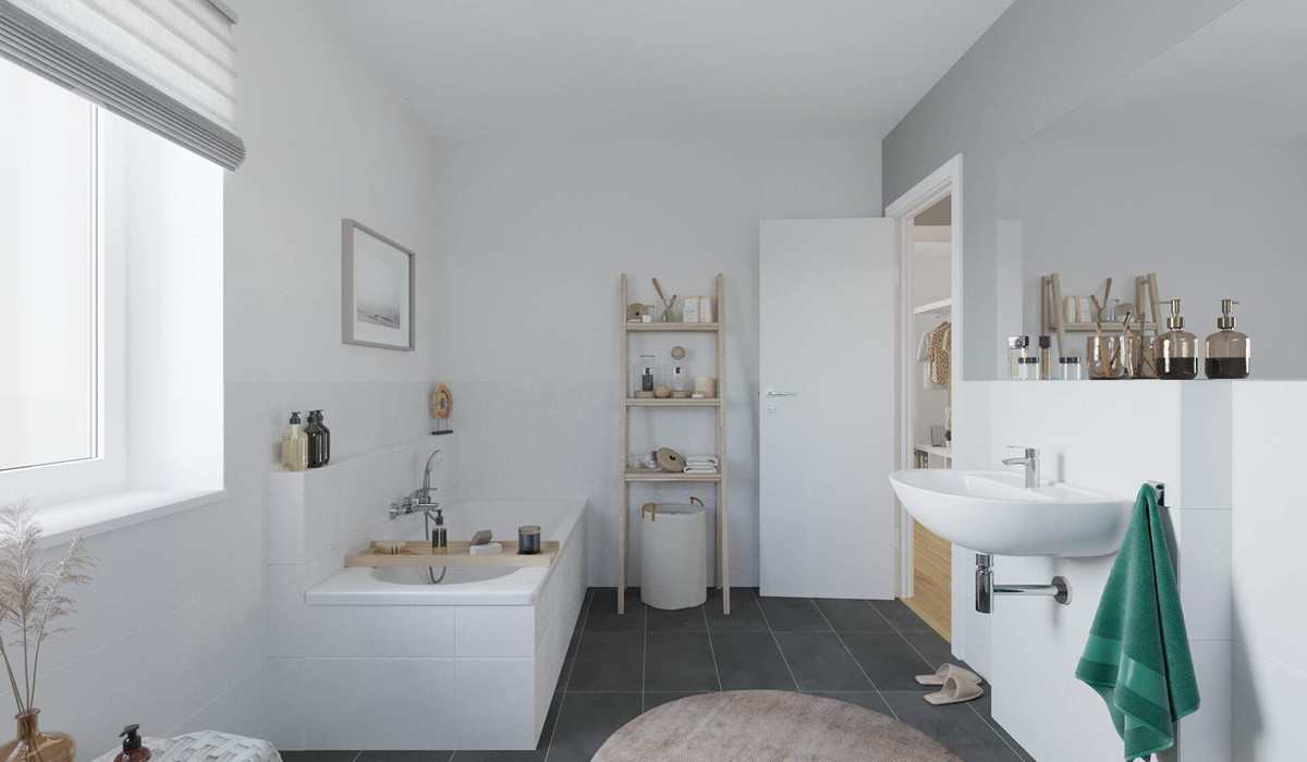 Modernes Tageslichtbad mit bodengleicher Dusche und Badewanne