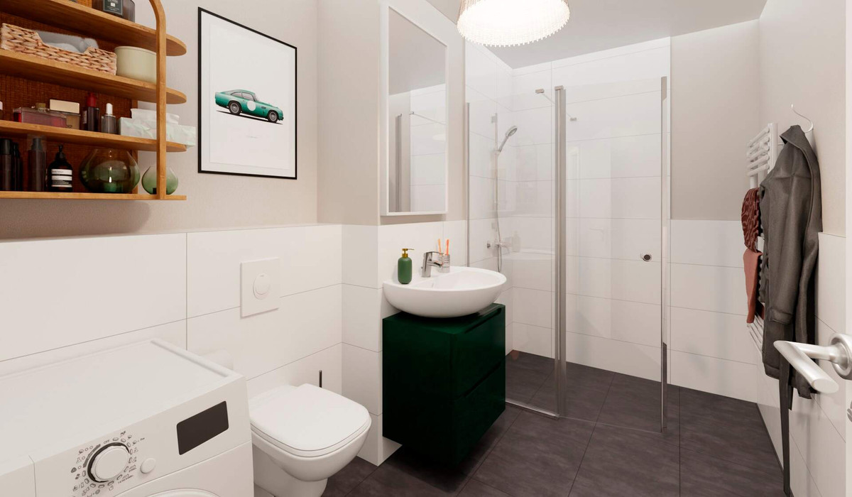 Badezimmer mit Dusche und Waschmaschinenanschluss