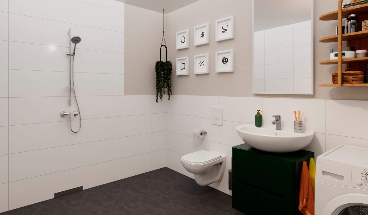 Badezimmer mit Dusche und Waschmaschinenanschluss