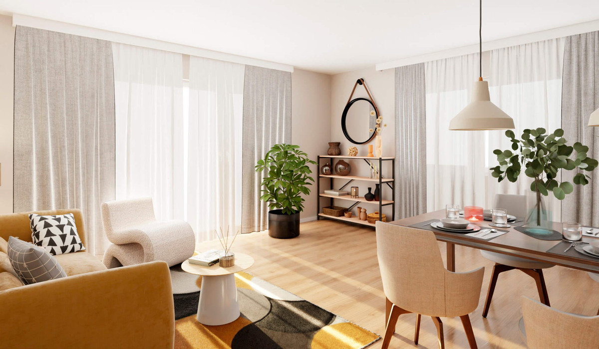 Großes Wohnzimmer mit Essecke