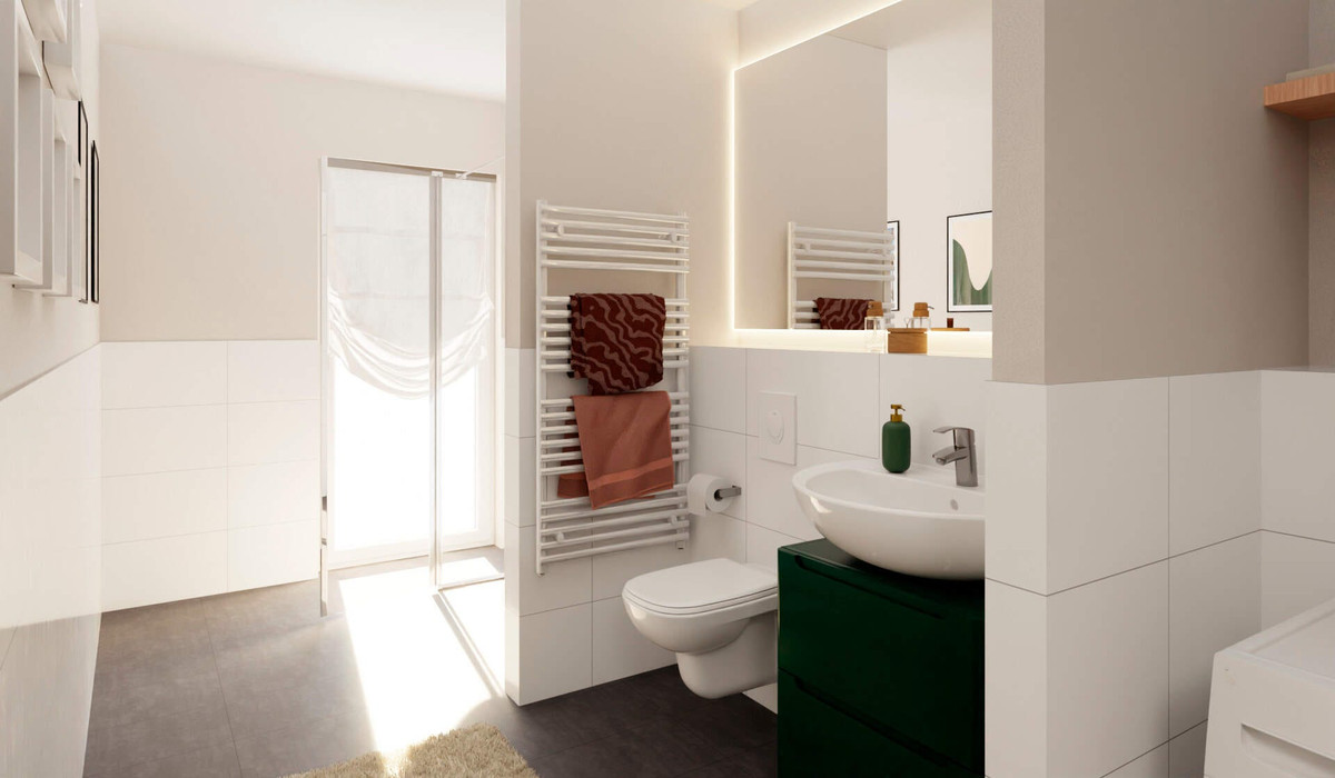 Helles Badezimmer mit Dusche und Waschmaschinenanschluss