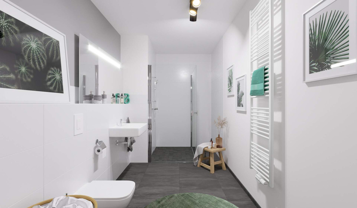 Ein modern gefliestes Badezimmer mit bodengleicher Dusche