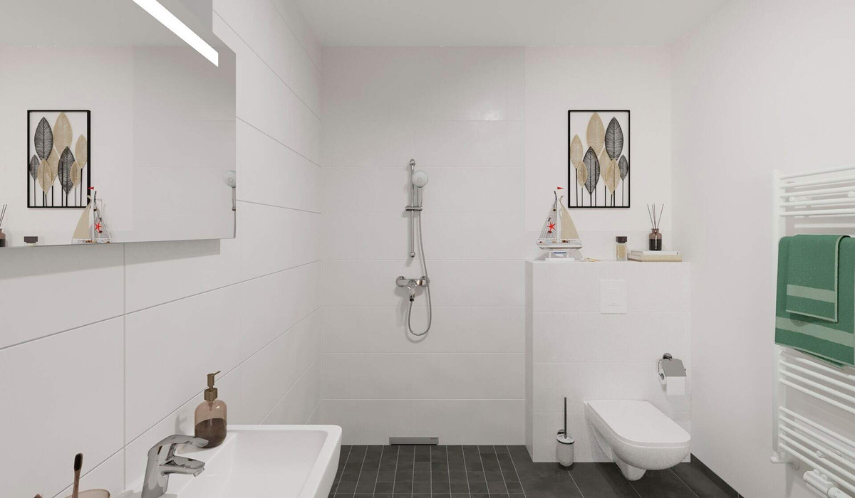 Modern gefliestes Badezimmer mit bodengleicher Dusche
