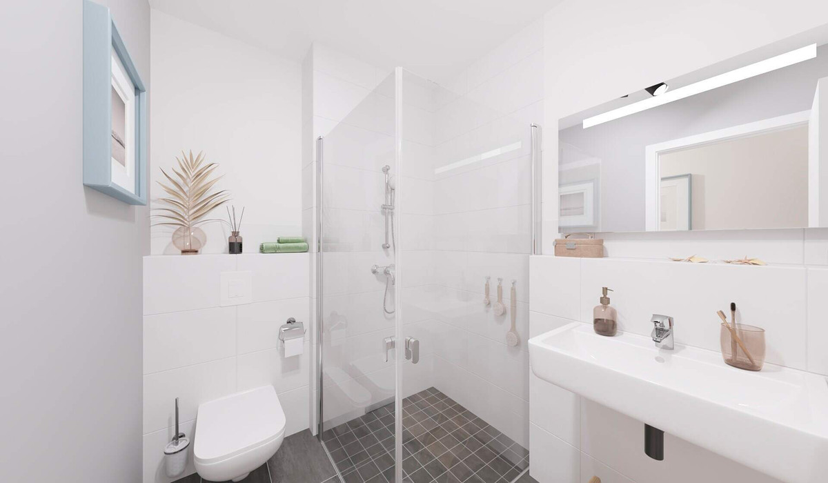 Modern gefliestes Bad mit bodengleicher Dusche
