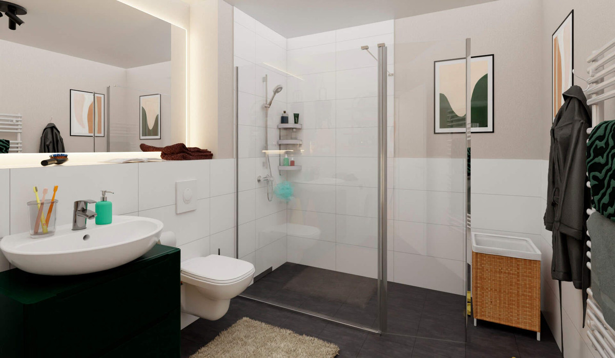 Badezimmer mit Dusche und Waschmaschinenanschluss