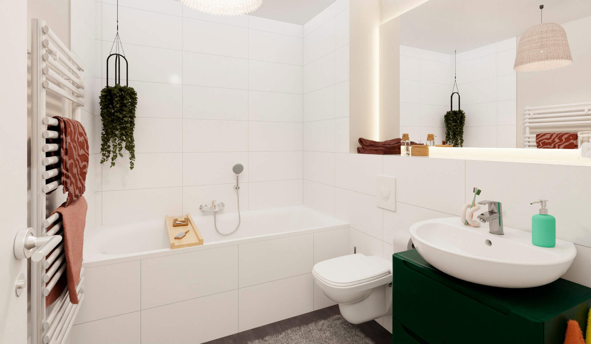 Badzimmer mit Badewanne und Waschmaschinenanschluss