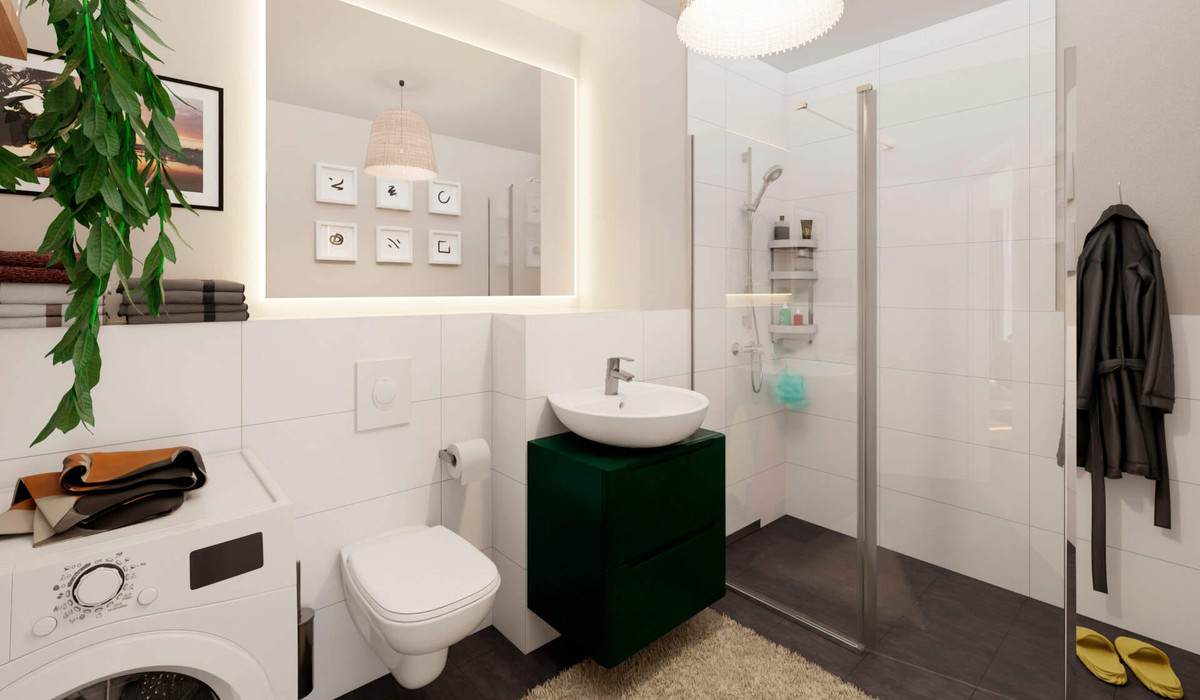 Badezimmer mit Dusche und Waschmaschinenanschluss
