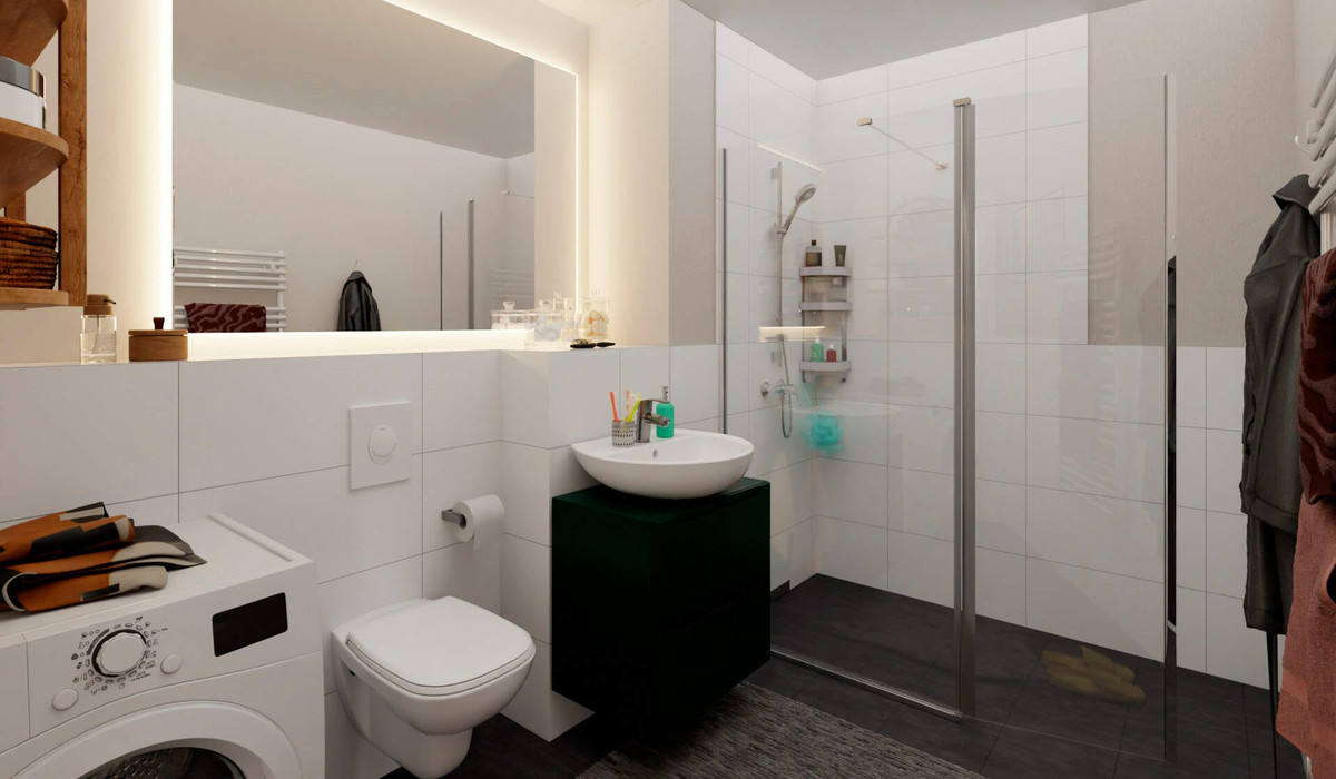 Badezimmer mit Dusche und Waschmaschinenanschluss