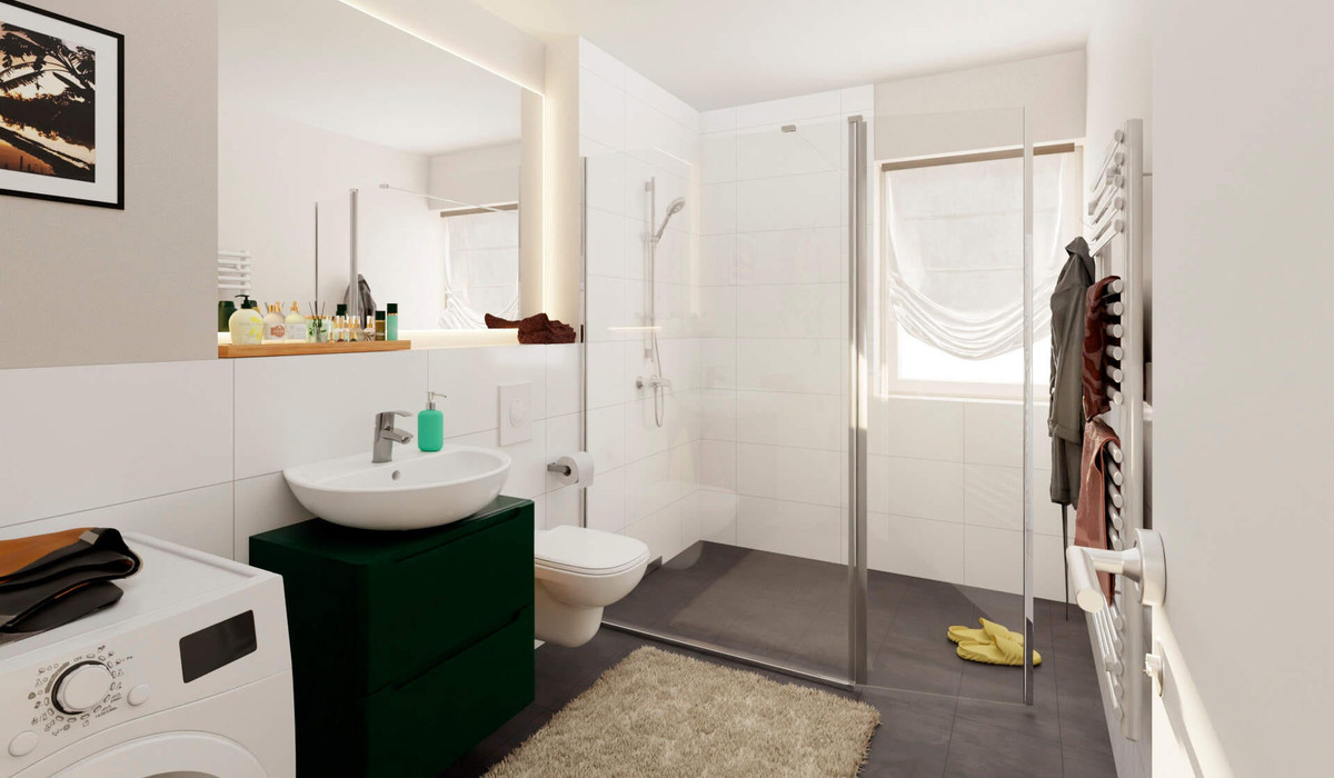 Badezimmer mit Dusche, Fenster und Waschmaschinenanschluss