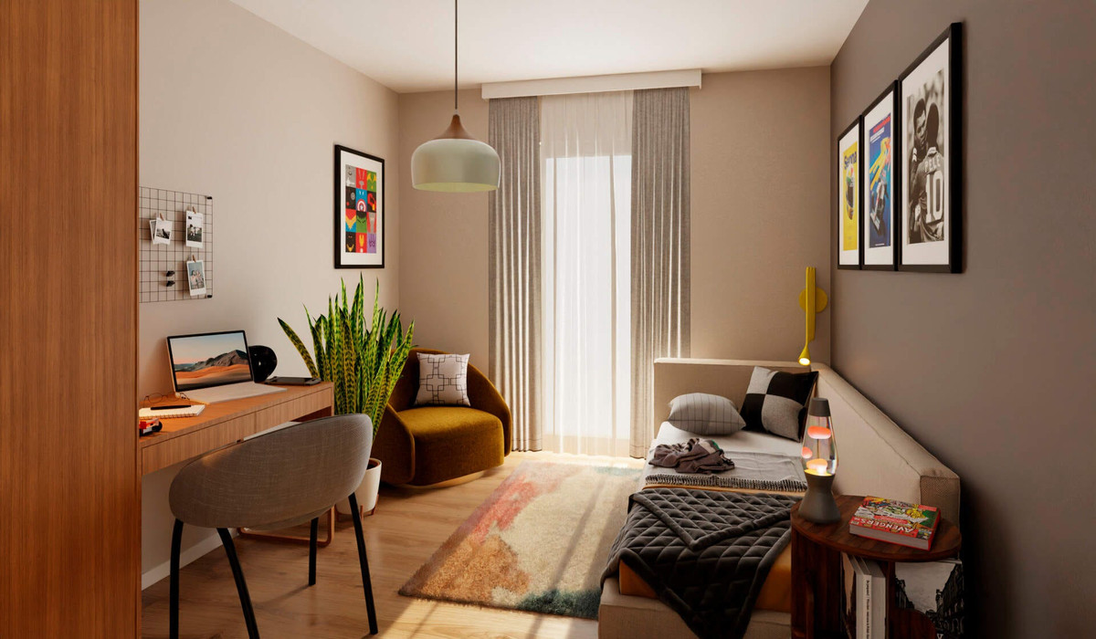 Zweites Schlafzimmer mit bodentiefem Fenster