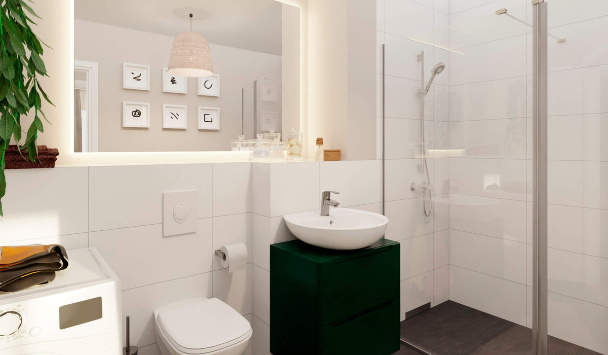 Badezimmer mit Dusche und Waschmaschinenanschluss