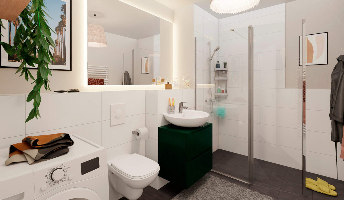 Badezimmer mit Dusche und Waschmaschinenanschluss