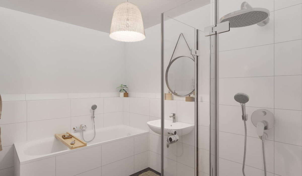Modern gefliestes Badezimmer inklusive Badewanne