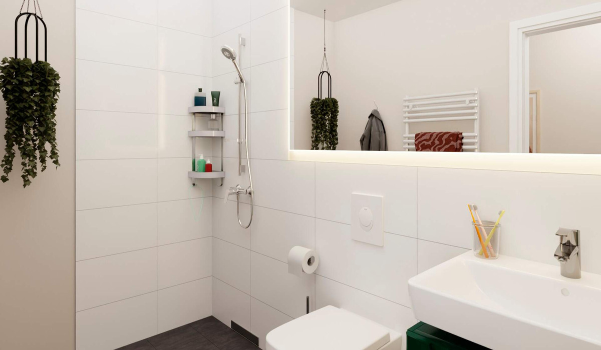Ein modern gefliestes Badezimmer