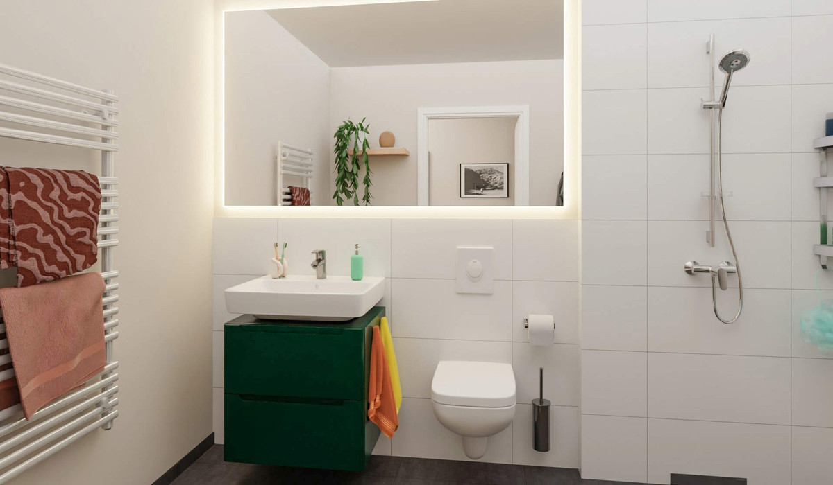 Ein modern gefliestes Badezimmer